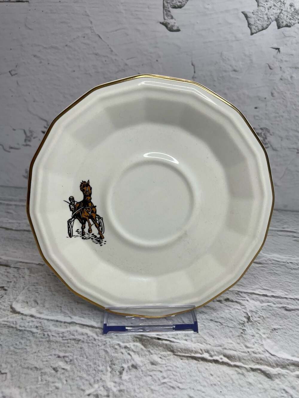 Vintage Octagonal Porcelain Saucers with Equestrian Horse and Carriage Motif